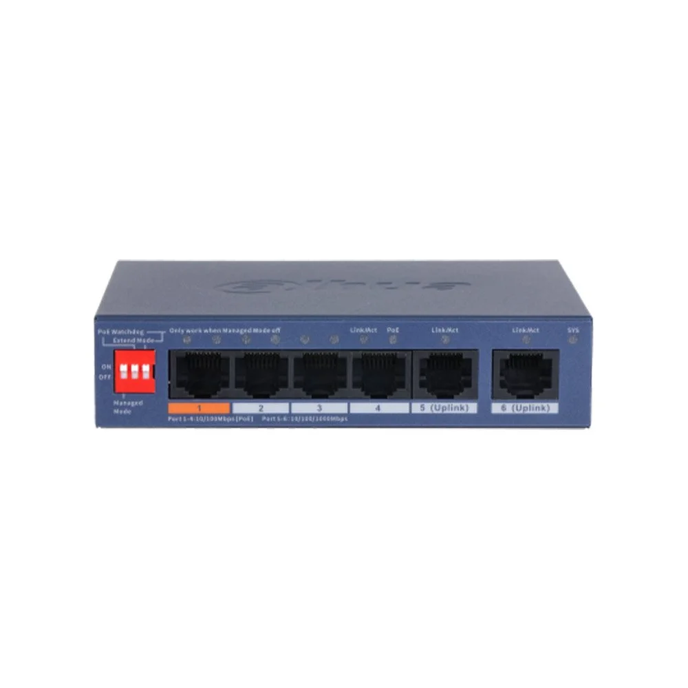 Switch PoE cu 6 porturi Dahua CS4006-4ET2GT-60, buget 60 W, 2x Gigabit uplink, 4.8 Gbps, 3.57 Mpps, Layer 2, cu management