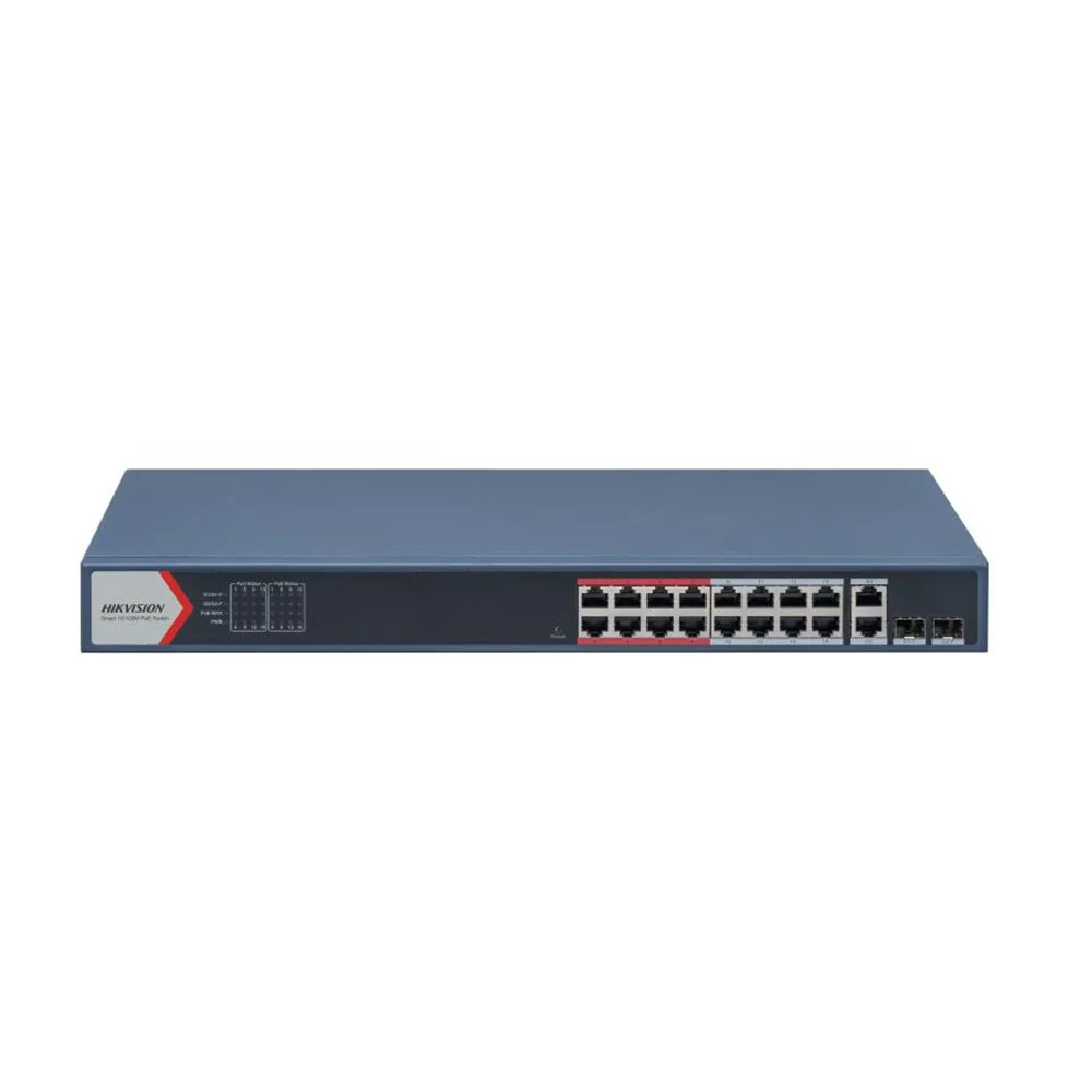 Switch rackabil cu 16 porturi PoE Hikvision DS-3E1318P-EI(B), 9.2 Gbps, 2× porturi SPF Gigabit, buget 230 W, cu management