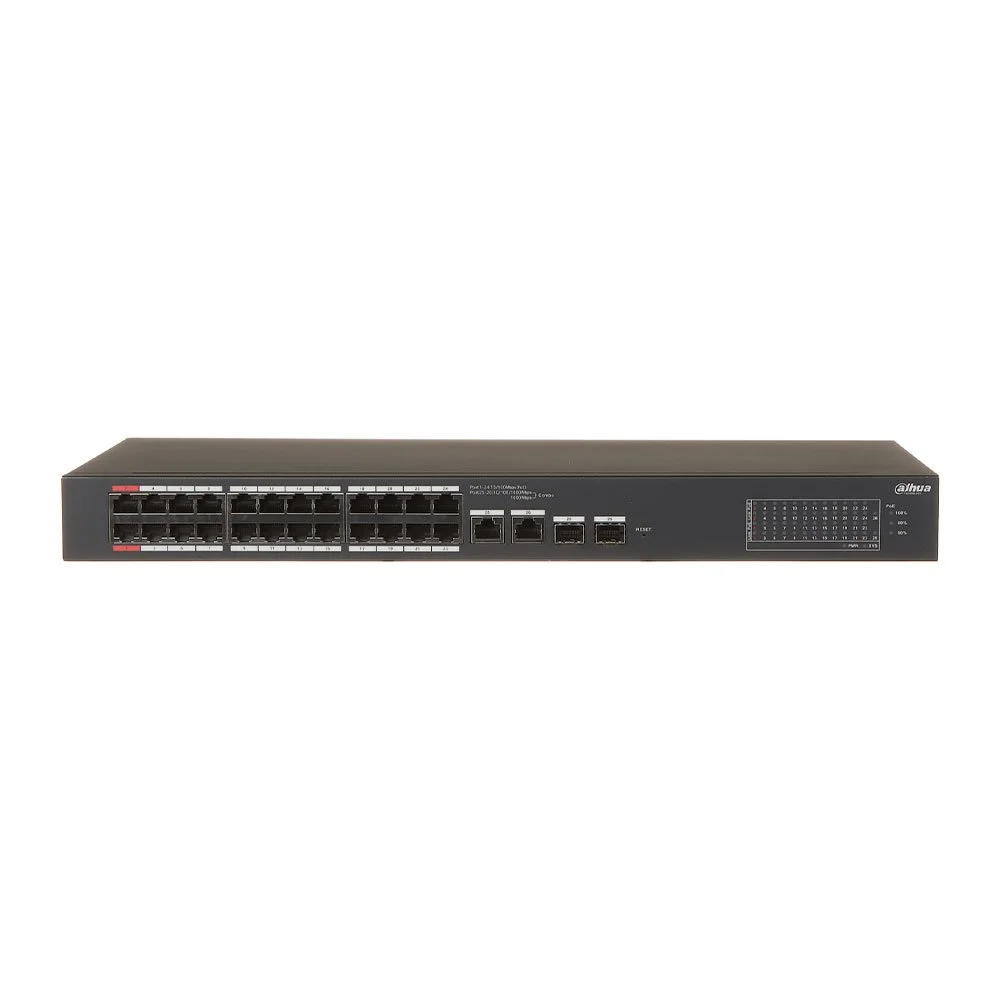 Switch rackabil cu 26 porturi Dahua CS4226-24ET-375 ,24 porturi PoE 10/100 Mbps, 2 porturi SFP Gigabit, cu cloud management