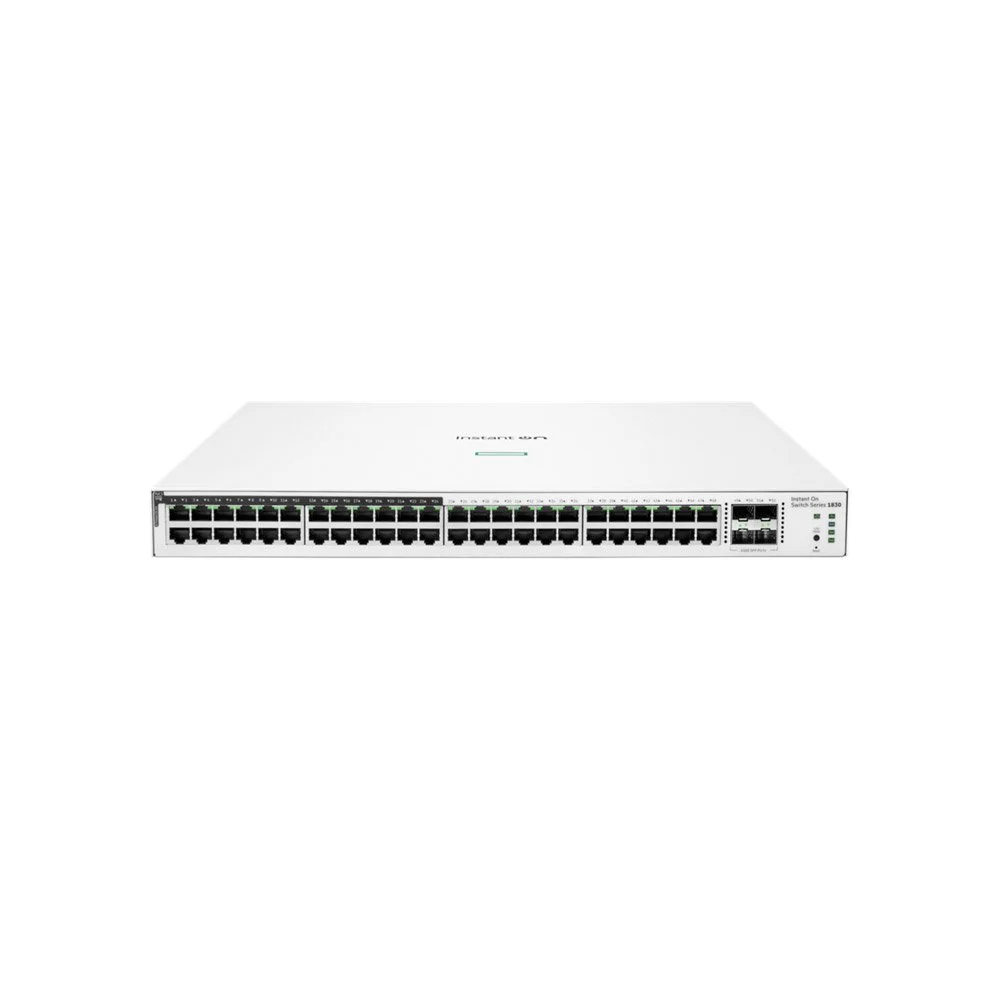 Switch rackabil cu 48 porturi PoE HPE Aruba Instant On 1830 JL815A, 10/100/1000Mbps, buget 370W, 1U, L2, 4 porturi SFP, 16K MAC, cu management