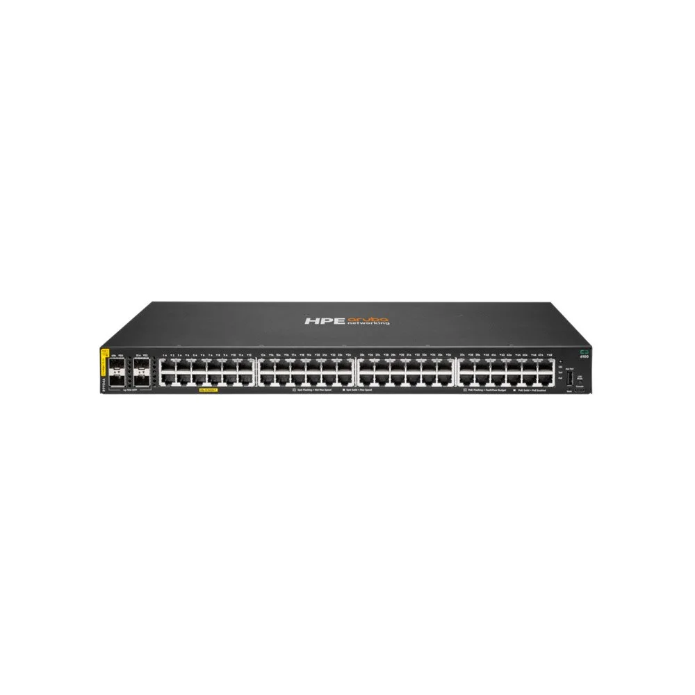 Switch rackabil Gigabit PoE cu 48 porturi HPE Aruba Networking CX 6100 R9Y04A, 4 porturi Uplink, buget 740 W, 176 Gbps, 98.6 Mpps, L2, 1U, cu management