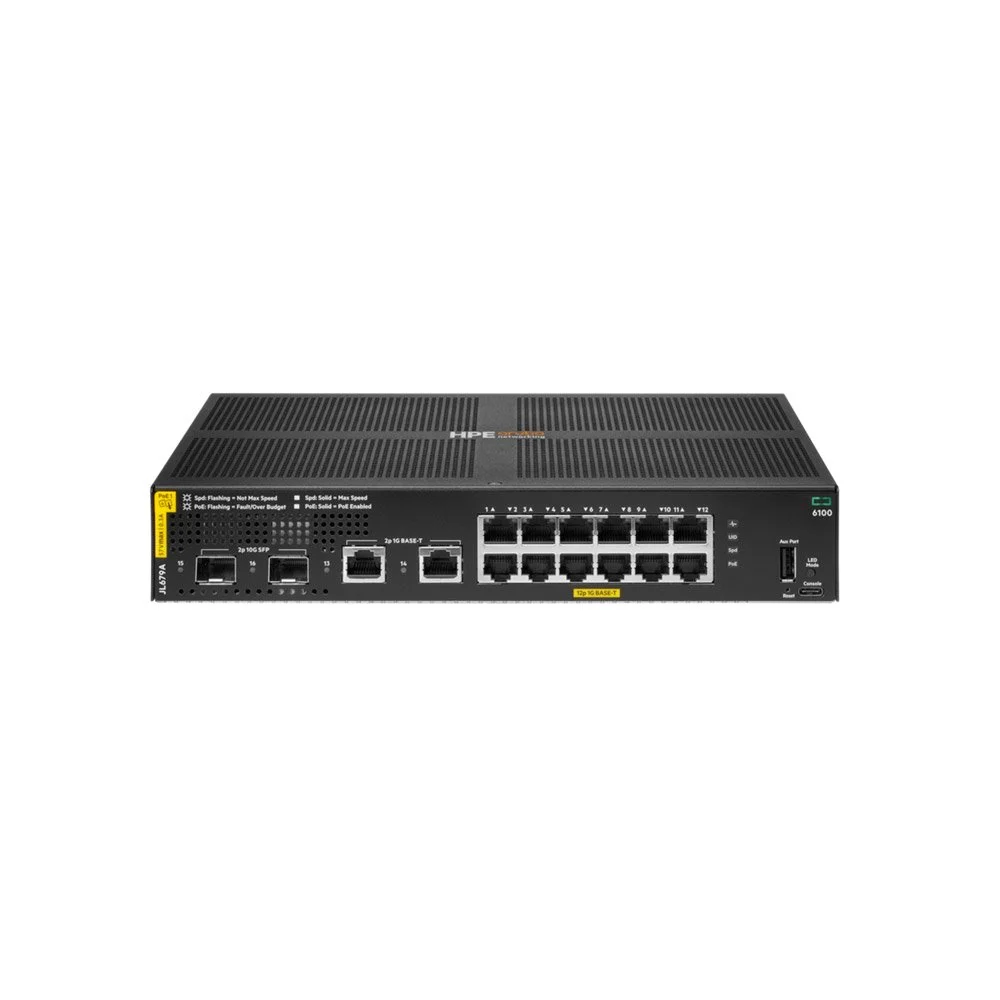 Switch rackabil PoE cu 12 porturi HPE Aruba Networking CX 6100 JL679A, 2 porturi Gigabit BASE-T, 2 porturi SFP, 68 Gbps, 45.1 Mpps, L2, U1, cu management