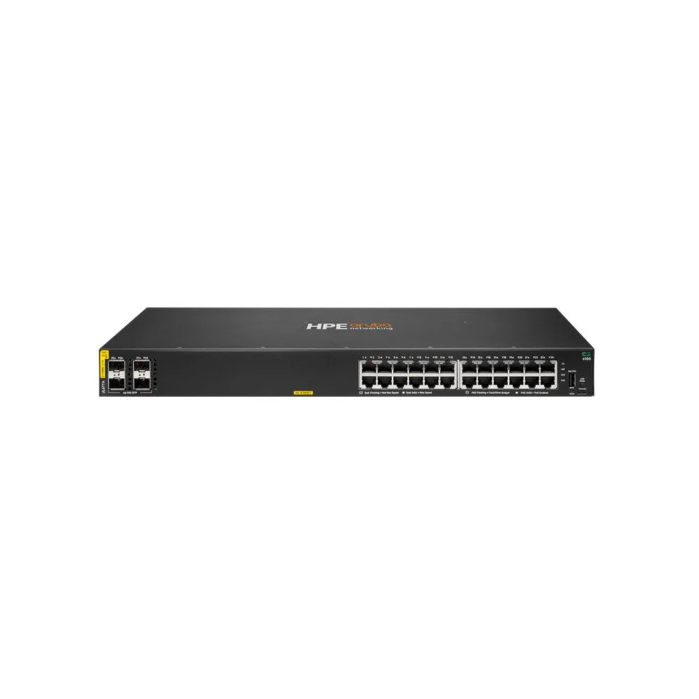 Switch rackabil PoE cu 24 porturi HPE Aruba Networking CX 6100 JL677A, 4 porturi SFP, 128 Gbps, 95.2 Mpps, buget 370 W, L2, 1U, cu management