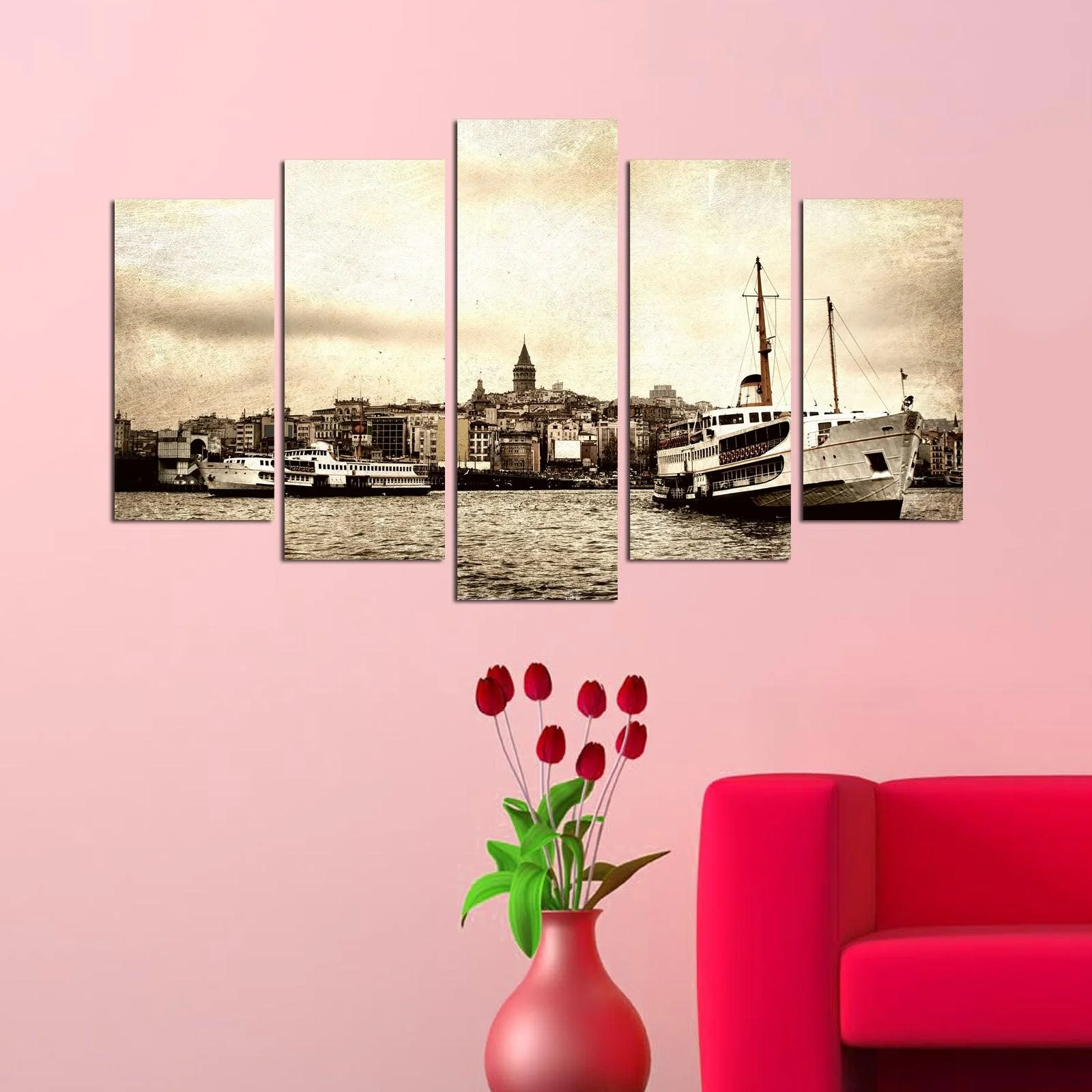 Tablou MDF ( 5 buc ) istanbul Galata, Multicolor, 60x110 cm