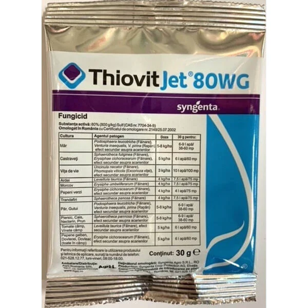 Thiovit Jet 80WG 30 gr, fungicid de contact pe baza de Sulf, Syngenta, fainare (ardei, cais, castraveti, orz, triticale, secara, dovleac, mar, morcov, nectarin)