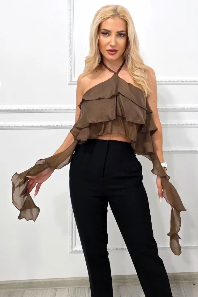 Top elegant asimetric Yuna, cu volane oversize petrecute, Maro, Marime S/M