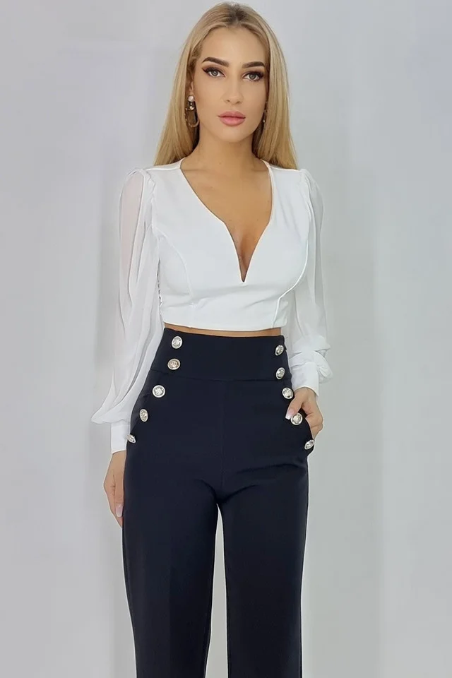 Top scurt Katarina, cu maneci bufante, Alb, Marime universala S/M