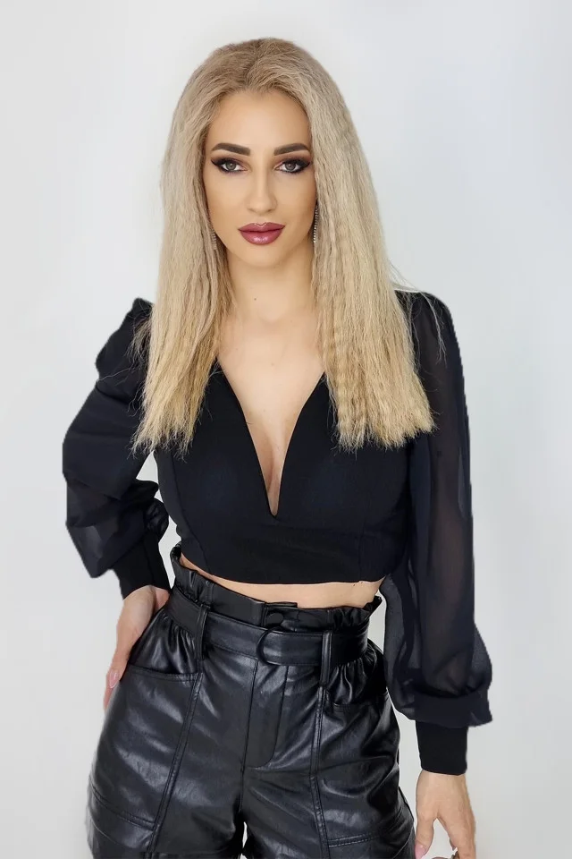 Top scurt Katarina, cu maneci bufante, Negru, Marime universala S/M