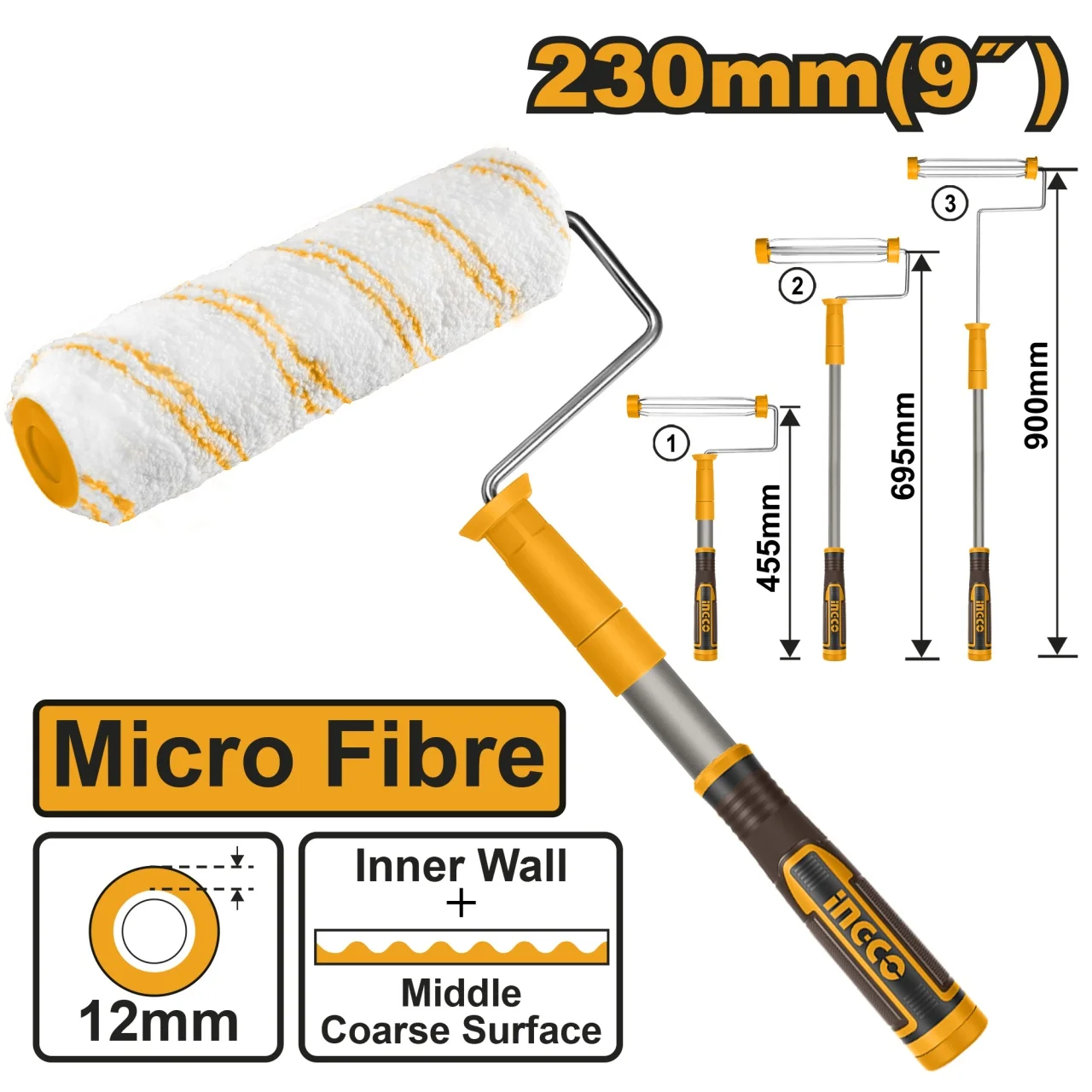 Trafalet cu Maner Extensibil 230mm, microfibra, interior, 440-880mm, maner pvc, premium Ingco HRHT442302T
