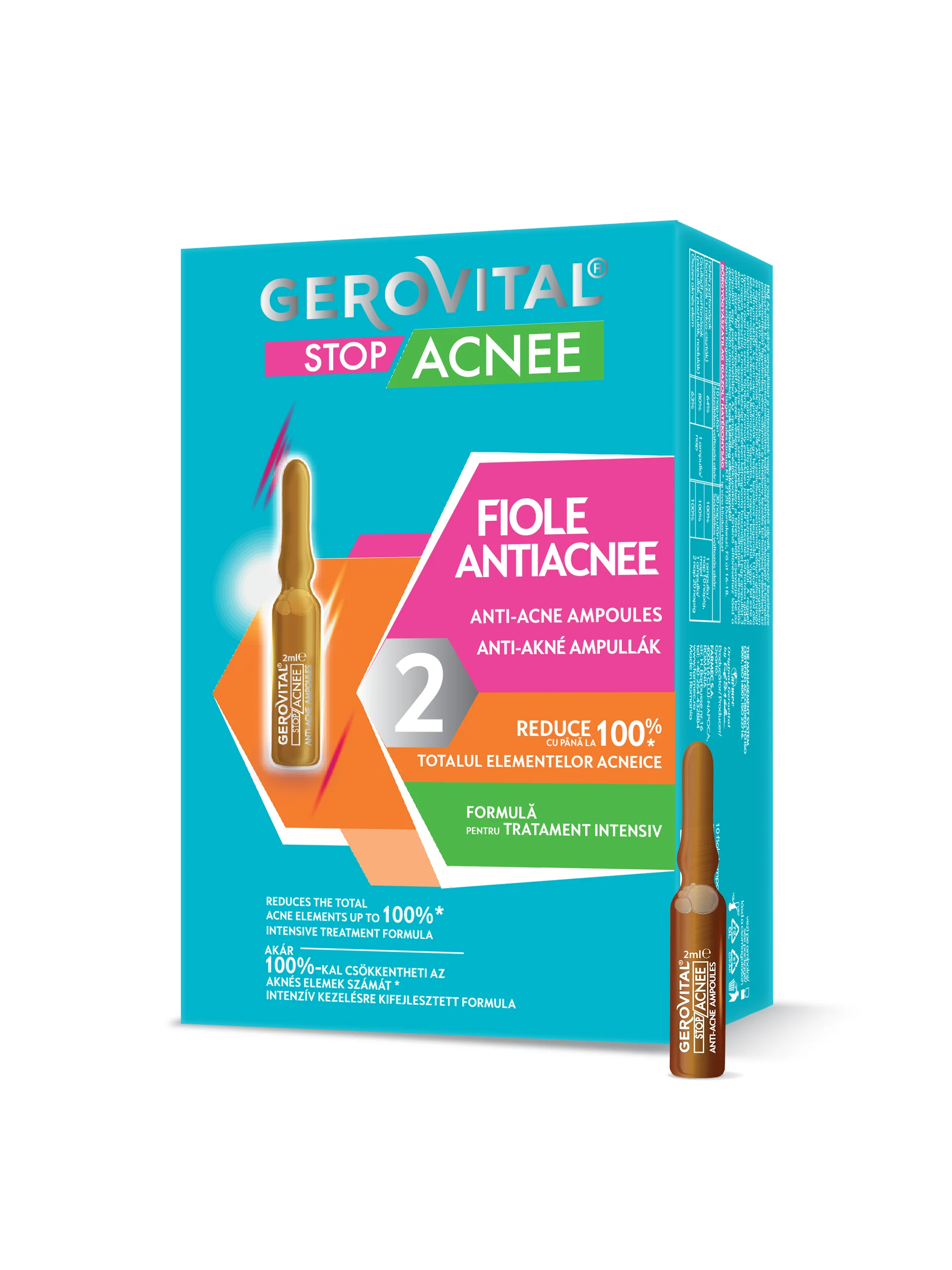 Tratament Antiacnee - Fiole Pentru Combaterea Coșurilor Cu Acid Salicilic Gerovital Stop Acnee, 10 Fiole X 2 Ml