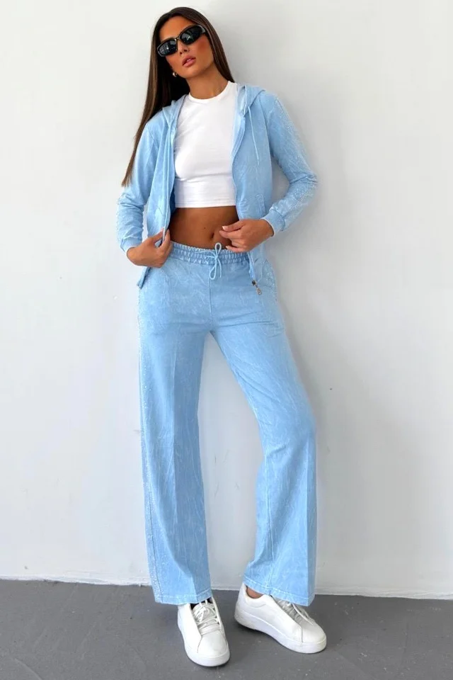 Trening catifea SHIRA, pantaloni lejeri si hanorac cu fermoar, BLEU