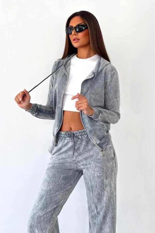 Trening cu paiete SHIRA, pantaloni lejeri si hanorac cu fermoar, Gri