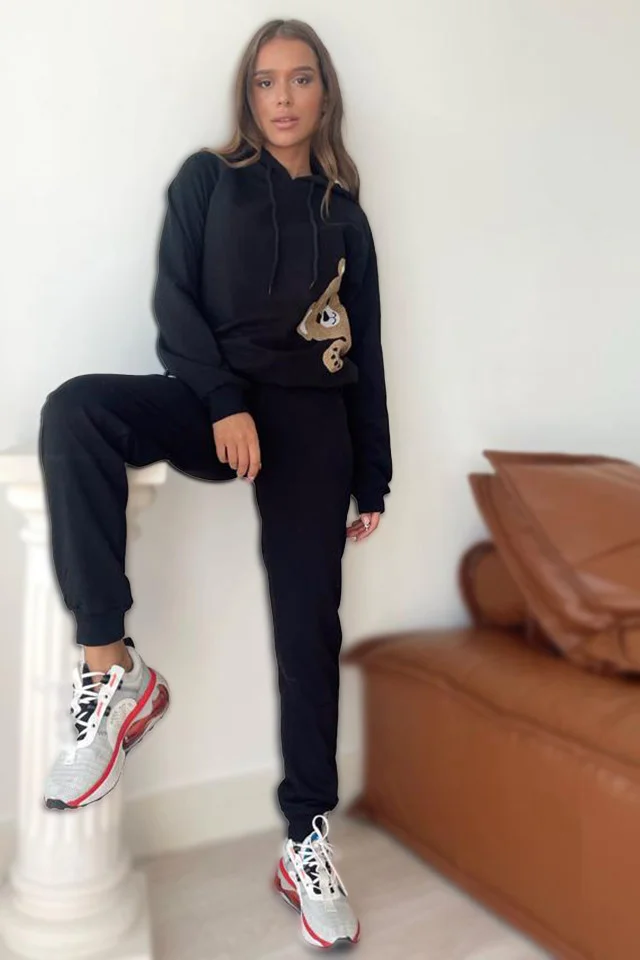 Trening dama Cute Bear, pantaloni si hanorac cu gluga, Negru