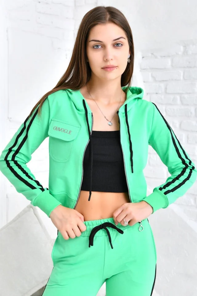 Trening dama, Fits Vogue, pantaloni lungi si bluza cu fermoar si gluga, Verde