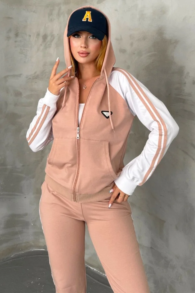 Trening dama NIKARA, hanorac si pantaloni cu banda elastica, BEJ