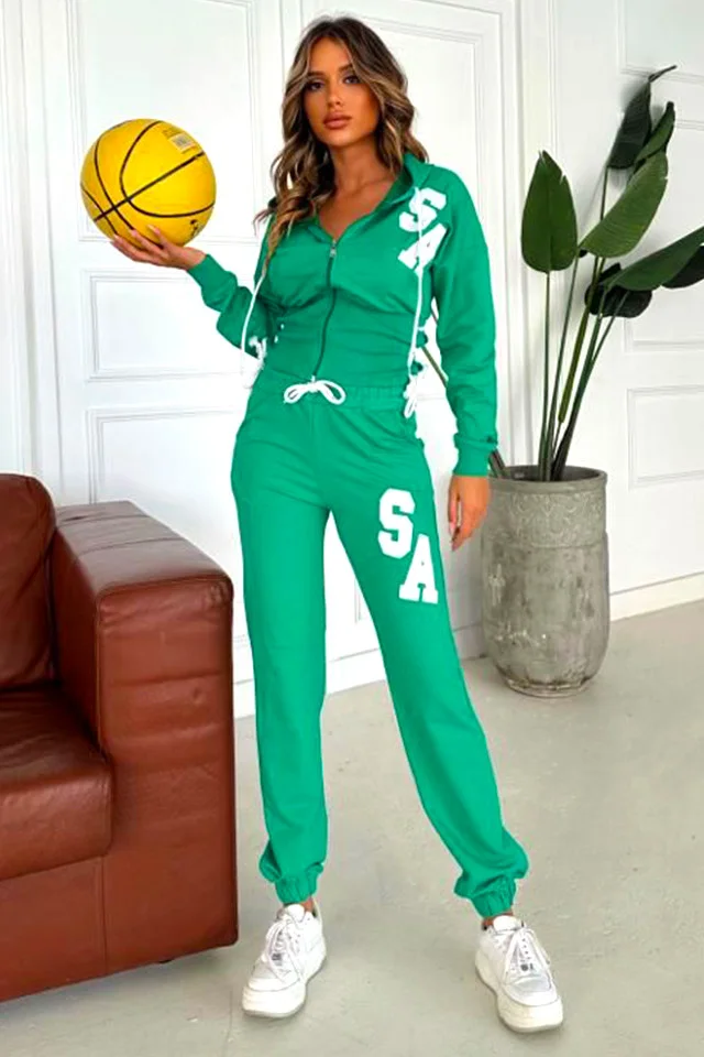 Trening Sport Action, pantaloni si bluza cu gluga si legare laterala cu snur, Verde