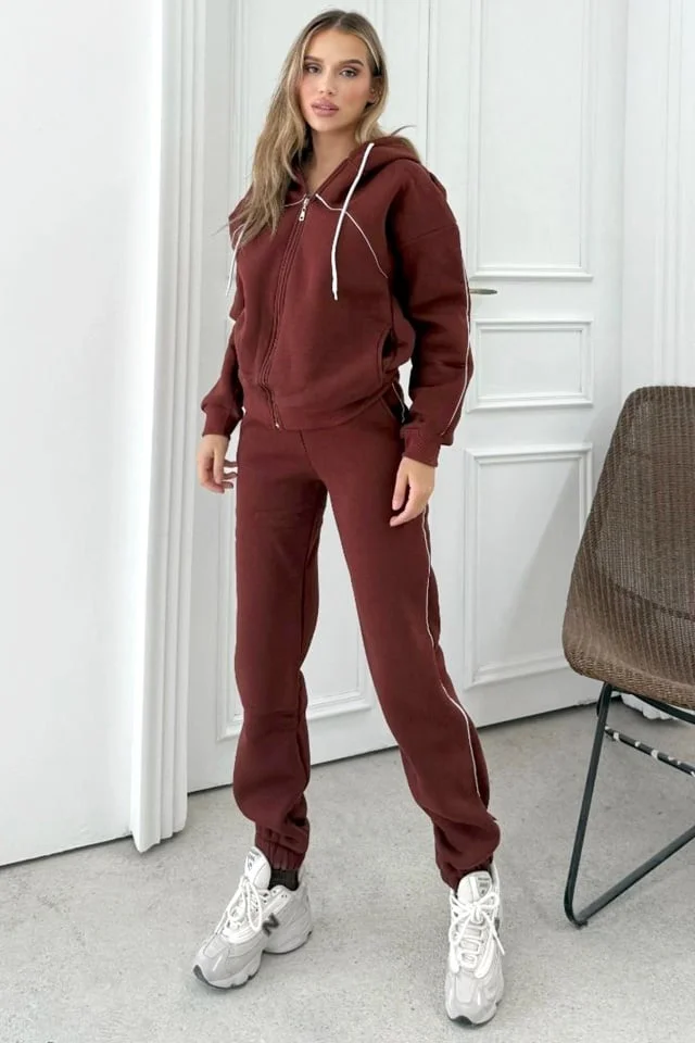 Trening vatuit, cu gluga, Zarah, bluza cu fermoar si pantaloni, Maro