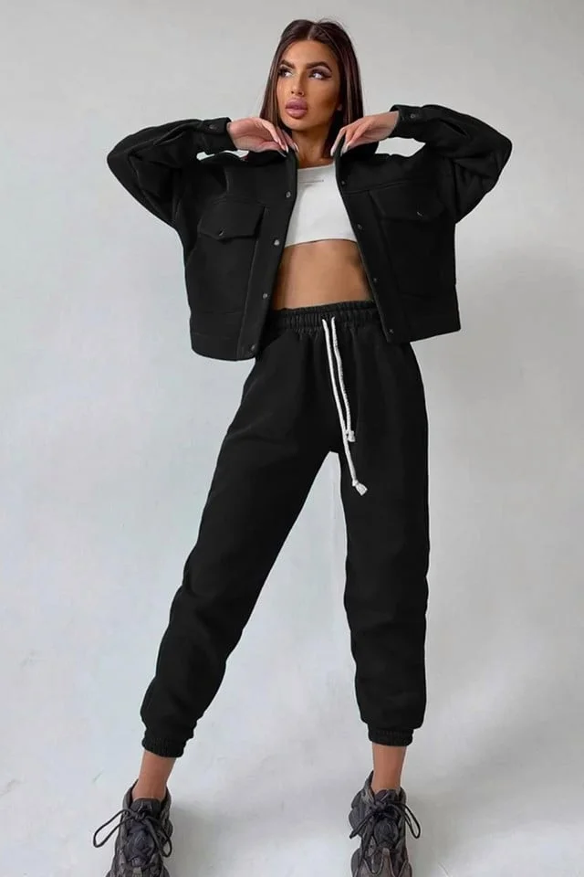 Trening vatuit dama, Arina, pantaloni lejeri si bluza cu capse, Negru