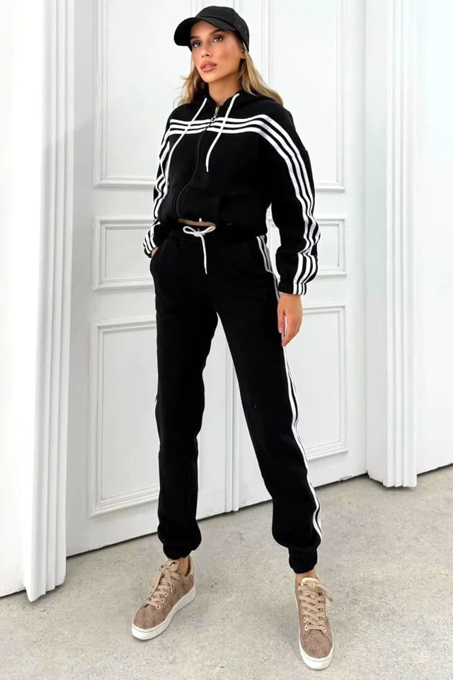 Trening vatuit VELORA, hanorac cu gluga si pantaloni cu banda elastica, Negru