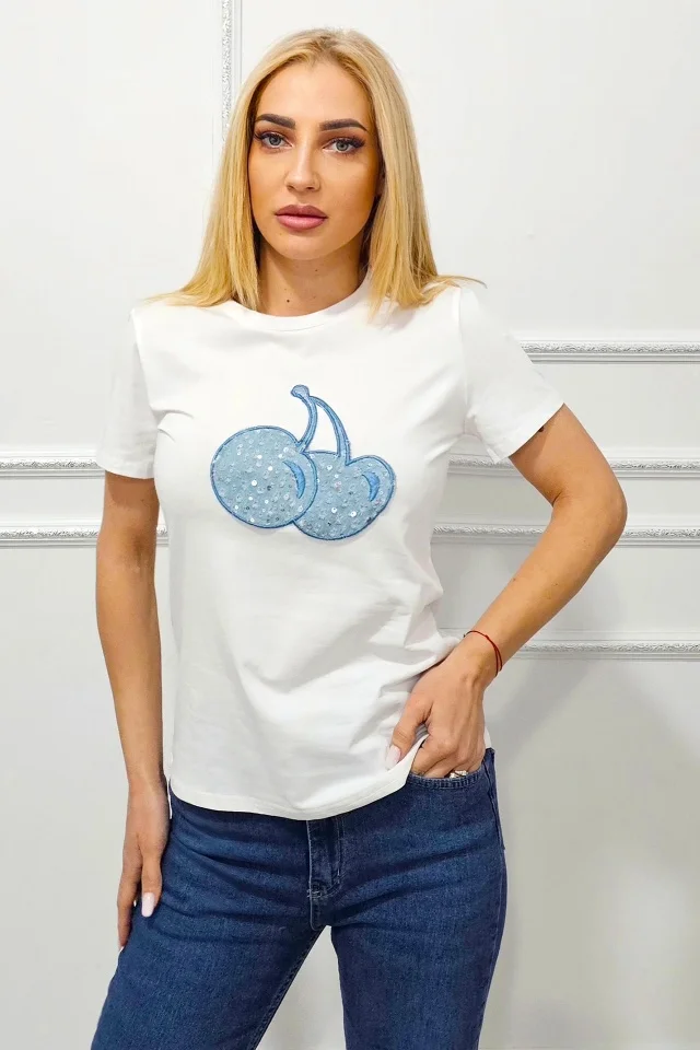 Tricou bumbac AMOO, cu imprimeu in relief si paiete, Blue Cherry ALB