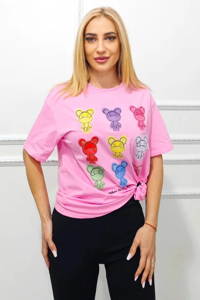 Tricou bumbac AMOO, cu imprimeu multicolor si cristale artizanale, Rainbow Bears, ROZ