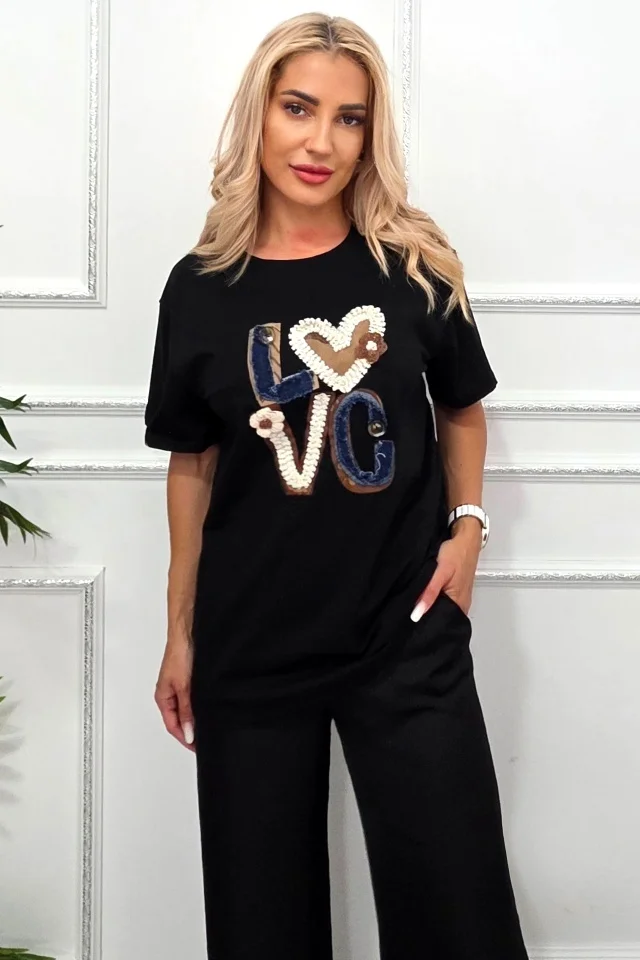 Tricou bumbac NOREA, cu imprimeu in relief, LOVE Negru