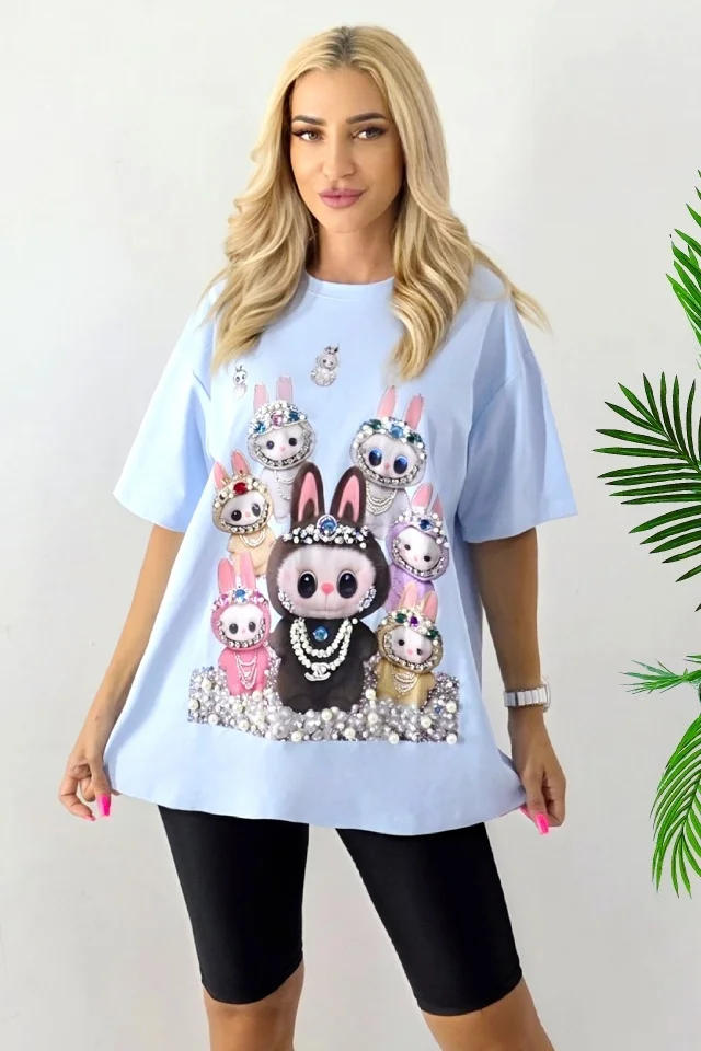 Tricou dama cu print La BuBu, croiala lejera cu perle si cristale, Blue, Marime S/M/L