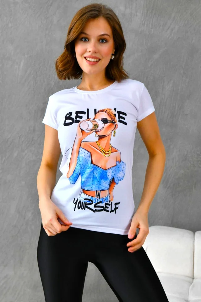 Tricou dama Graphic Story, cu imprimeu realist si cristale asortate, Believe Yourself