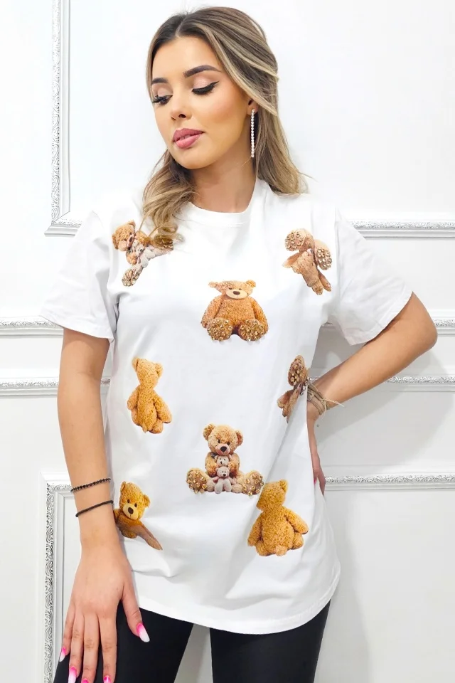 Tricou dama Neo-K, cu imprimeu ursuleti si detalii artizanale, Big Bear, Alb