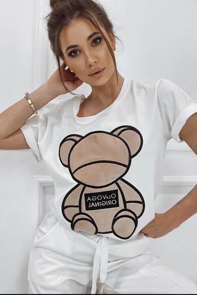 Tricou Kyra, cu imprimeu "ursulet" , Alb