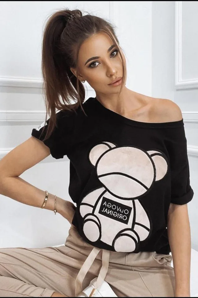 Tricou Kyra, cu imprimeu "ursulet" , Negru