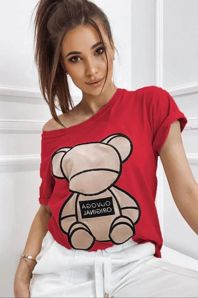 Tricou Kyra, cu imprimeu "ursulet", Rosu