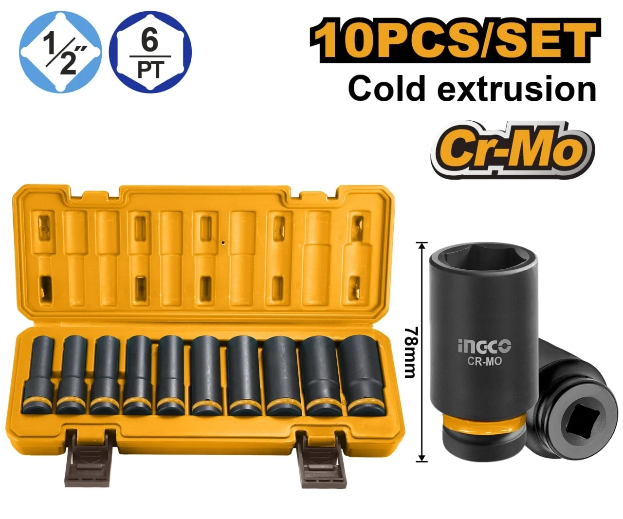 Trusa Chei Tubulare Lungi IMPACT 1/2 10 buc, 10-24mm, Ingco HKISSD12102L