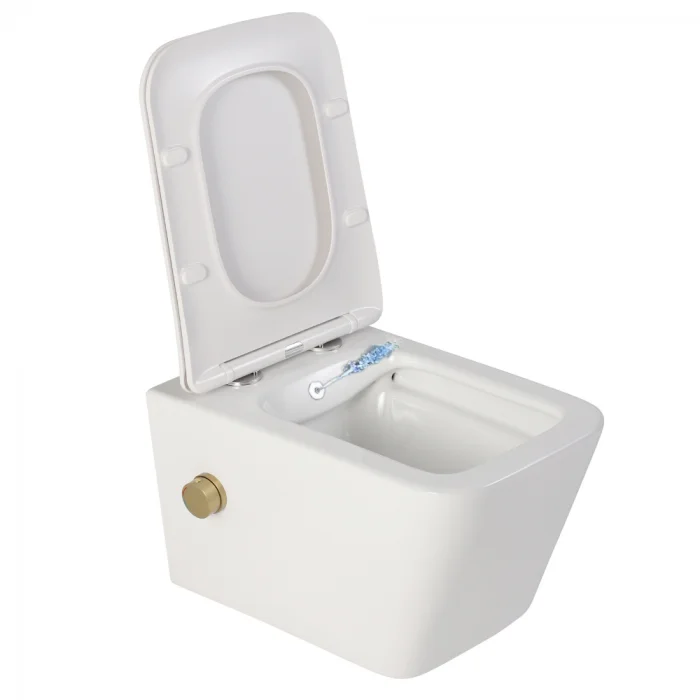 Vas wc suspendat cu functie bideu, dreptunghiular, apa calda rece, rimless, baterie auriu mat Foglia Safari