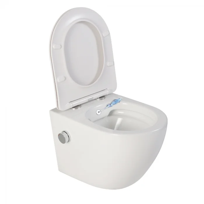 Vas wc suspendat cu functie bideu, semirotund, rimless, apa calda rece, capac soft close, baterie crom Foglia Oslo