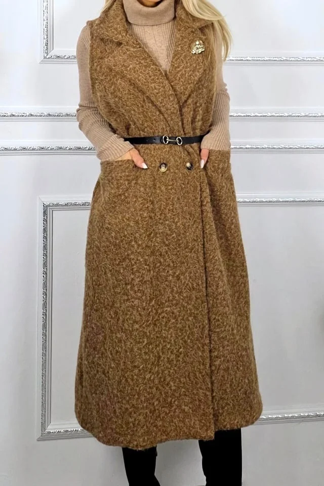 Vesta lunga de dama SILVANA, cu brosa si curea incluse, Maro, Marime S/M/L