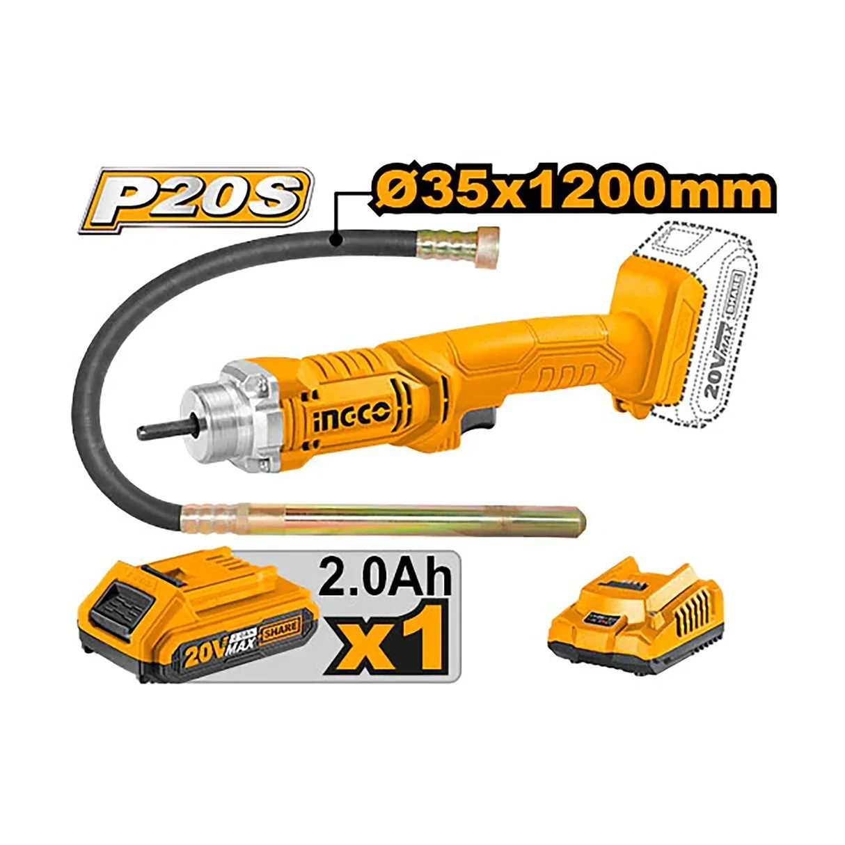 Vibrator beton cu acumulator 20V INGCO CCVLI2023011, 2300 rpm, cu 1 acumulator 2.0Ah si incarcator