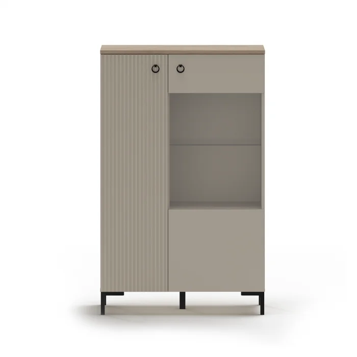 Vitrina joasa DOMINICA, 2 usi, geam, taupe + stejar silverjack, 85,5x41x137 cm