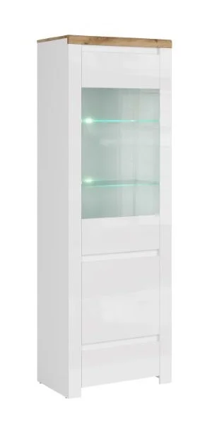 Vitrina VIGO, 2 usi, 1 sertar, geam, alb + stejar wotan, 68x41,5x202 cm